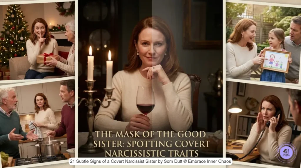 Covert narcissist sister wearing caring mask at family gatherings while secretly manipulating by Som Dutt from Embrace Inner Chaos