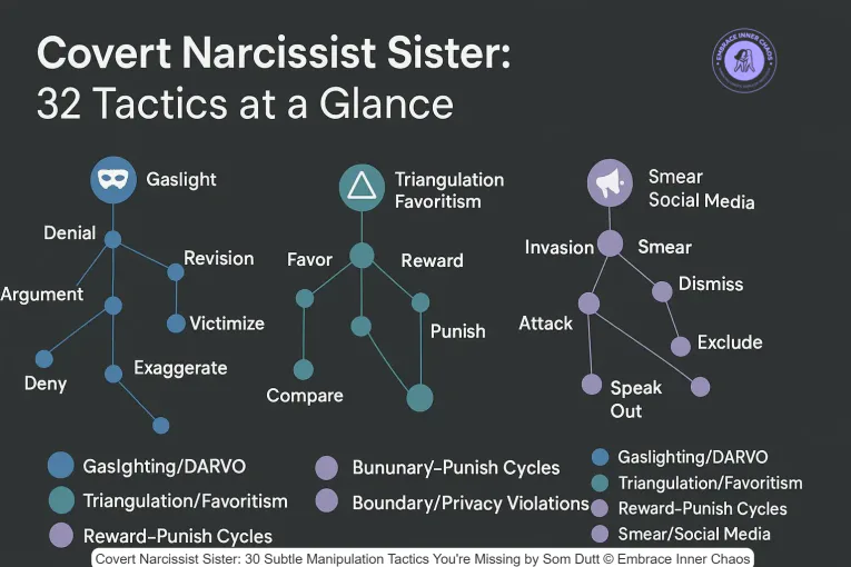 31 Covert Narcissist Sister Manipulation Tactics You Might Be Missing 7 Covert narcissist sister—32 tactics clustered into five themes for quick pattern recognition by Som Dutt from Embrace Inner Chaos
