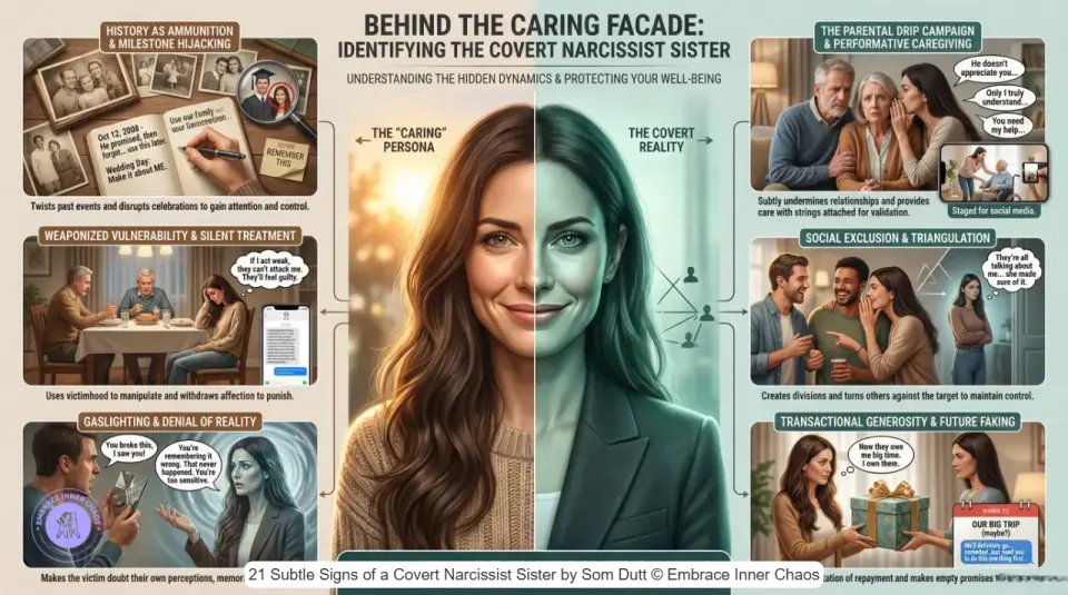 Infographic showing covert narcissist sister tactics including gaslighting and silent treatment by Som Dutt from Embrace Inner Chaos