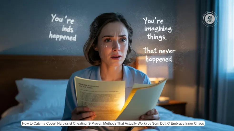 Woman discovers how to catch a covert narcissist cheating while gaslighting phrases fill the room by Som Dutt from Embrace Inner Chaos